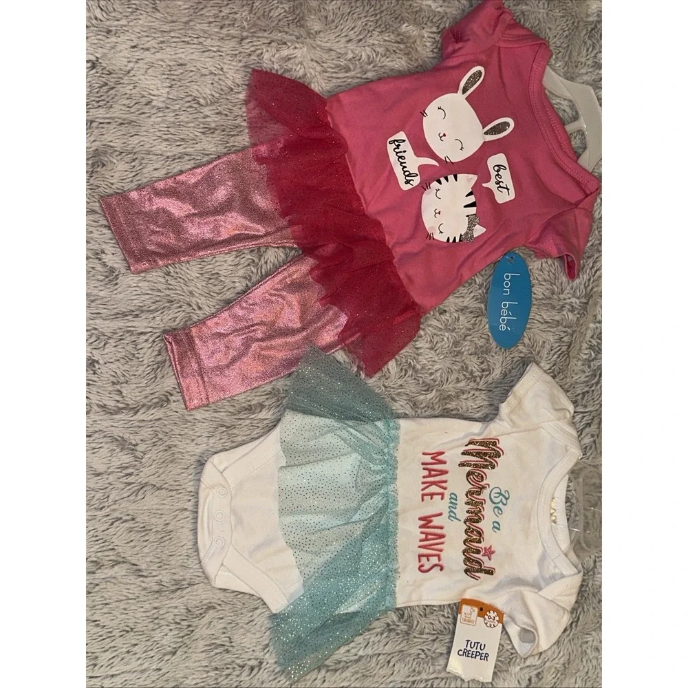 Bon‎ BeBe Size 0-3 Months Girls 3pc Pants Top Bib kitty Set Mermaid Tutu NWT